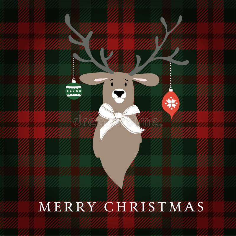 Wesoło boże narodzenia kartka z pozdrowieniami, zaproszenie Renifer z Bożenarodzeniowymi baubles i faborkiem Tartan w kratkę szko ilustracji Wesoło boże narodzenia kartka z pozdrowieniami, zaproszenie Renifer z Bożenarodzeniowymi baubles i faborkiem Tartan w kratkę szko ilustracji