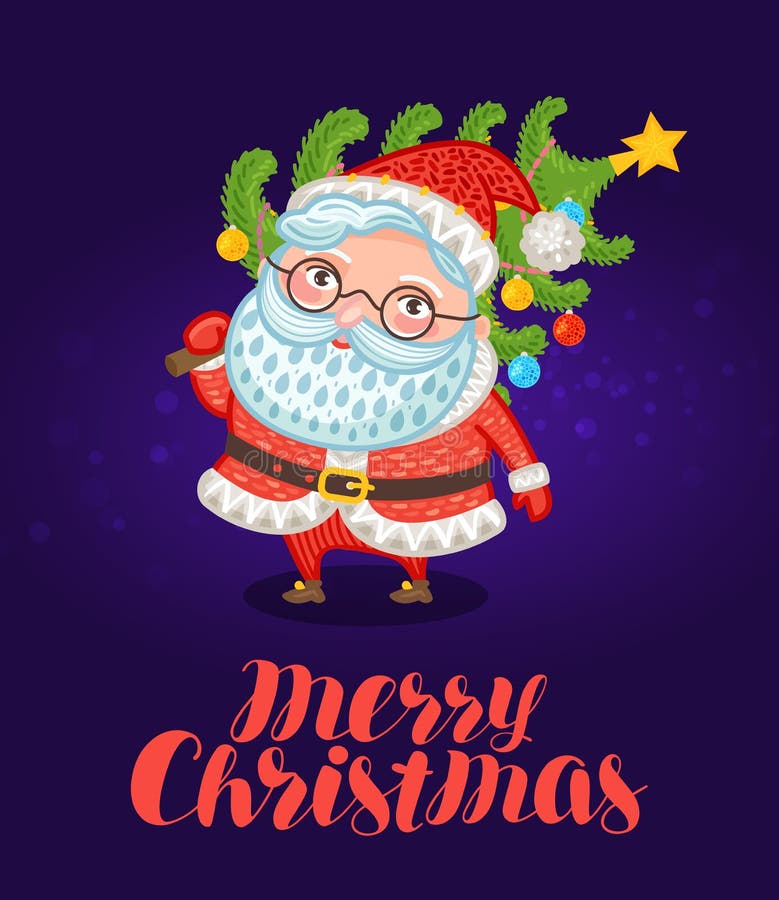 Wesoło Boże Narodzenia, kartka z pozdrowieniami Śliczny Święty Mikołaj niesie xmas drzewa z dekoracjami świąteczna wektorowa ilus ilustracja wektor Wesoło Boże Narodzenia, kartka z pozdrowieniami Śliczny Święty Mikołaj niesie xmas drzewa z dekoracjami świąteczna wektorowa ilus ilustracja wektor