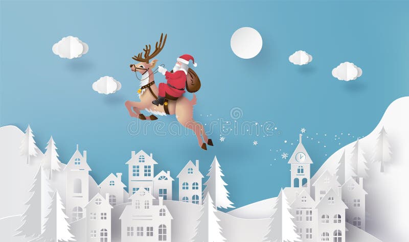 Merry Christmas and Happy New Year. Illustration of Santa Claus on the sky coming to City ,paper art and craft style. Merry Christmas and Happy New Year. Illustration of Santa Claus on the sky coming to City ,paper art and craft style