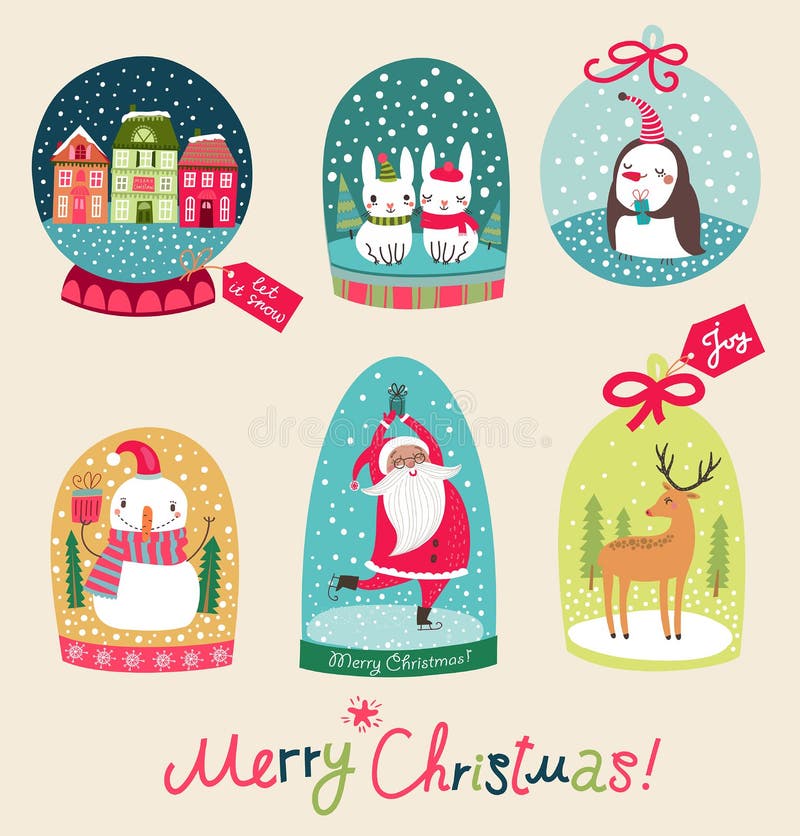 Merry Christmas snow ball with with Santa Claus, snowman, deer and hares. Merry Christmas snow ball with with Santa Claus, snowman, deer and hares