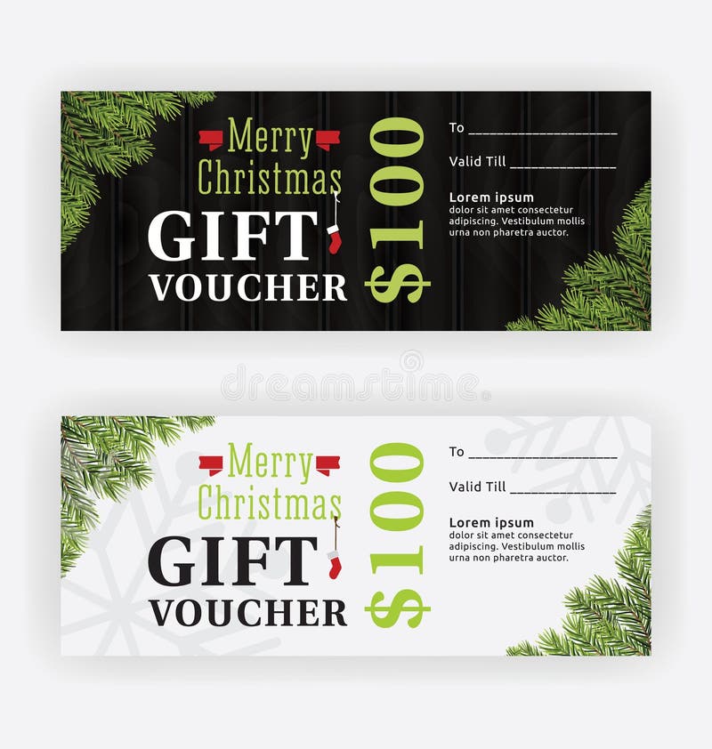 Merry Christmas Gift Voucher Certificate Template Design. Pine Twig Corner and Realistic Wood Board Background. Vector illustration. Merry Christmas Gift Voucher Certificate Template Design. Pine Twig Corner and Realistic Wood Board Background. Vector illustration