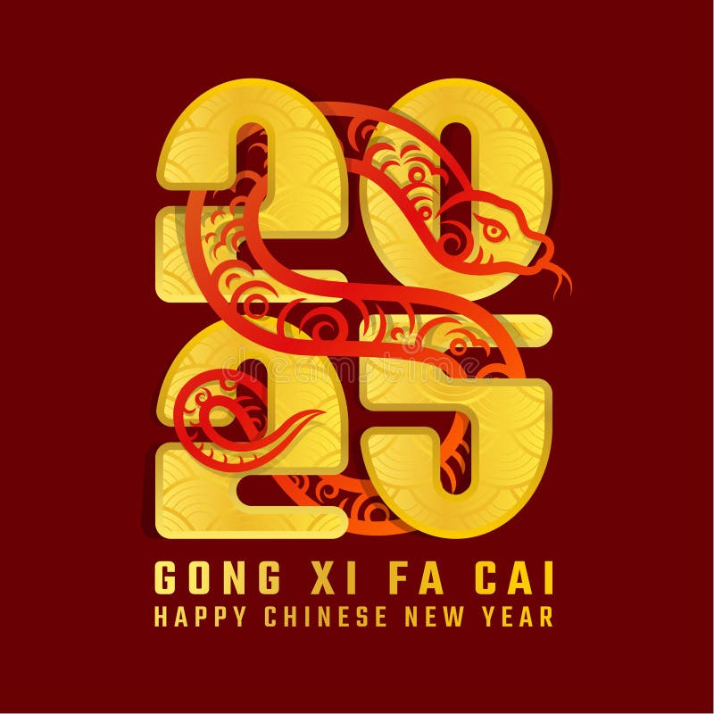 Wesoły chiński nowy rok gong xi fa cai tekst czerwony rysunek snake zodiac cross gold 2025 tekst w ciemno czerwonym tle wektor des ilustracji