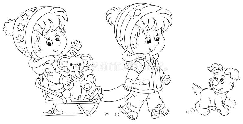 Happy small kids sledging and walking with a cheerful puppy on a frosty and snowy winter day, black and white outline vector cartoon illustration for a coloring book page. Happy small kids sledging and walking with a cheerful puppy on a frosty and snowy winter day, black and white outline vector cartoon illustration for a coloring book page