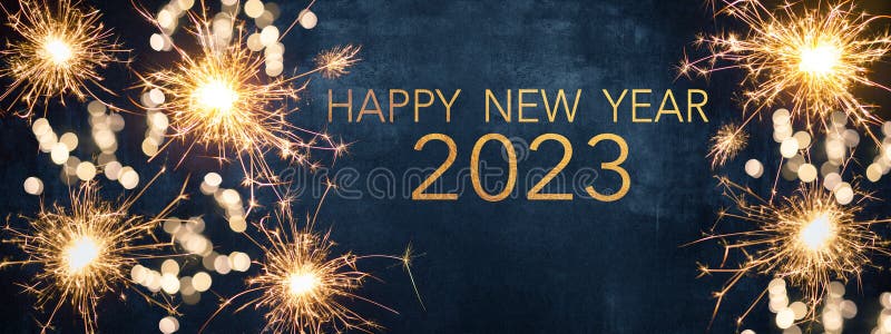 Wesoły nowy rok 2023 impreza powitanie kartki iskry i bokeh światła na ciemnoniebieskim nocnym niebie Wesoły nowy rok 2023 impreza powitanie kartki iskry i bokeh światła na ciemnoniebieskim nocnym niebie