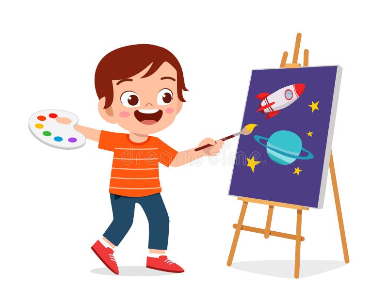 Wesoły, słodki chłopczyk rysuje na płótnie ilustracji