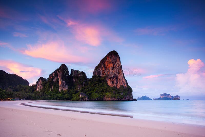 Railay Beach at Sunrise in Krabi, Thailand. Stock Photo - Image of