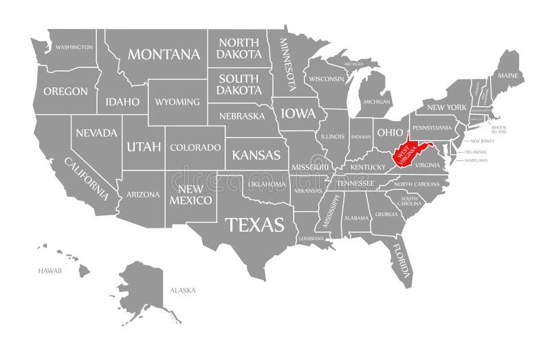 West Virginia Red Highlighted In Map Of The United States Of