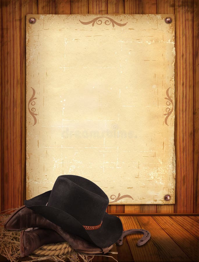 Western Background with Cowboy Clothes and Old Paper for Text Stock Western Background with Cowboy Clothes and Old Paper for Text Stock