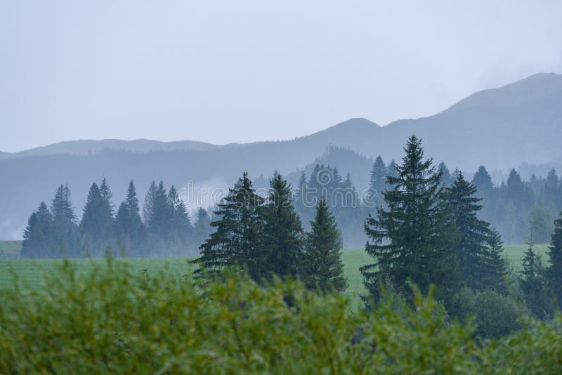 Mountain tops in autumn covered in mist or clouds