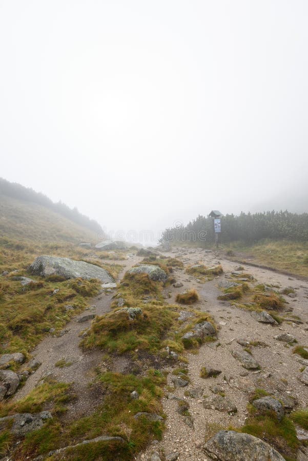 Mountain tourist trail in autumn covered in mist