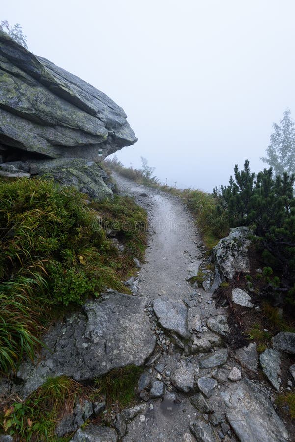 Mountain tourist trail in autumn covered in mist