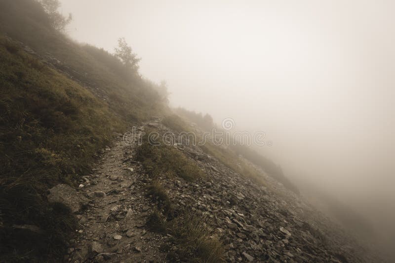 Mountain tourist trail in autumn covered in mist - soft vintage