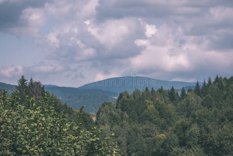 Panorama Západních Karpat se zelenými poli a lesy v popředí. léto na slovenských turistických stezkách - vinobraní