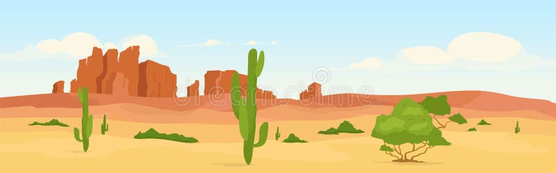 Western dry desert at day time flat color vector illustration