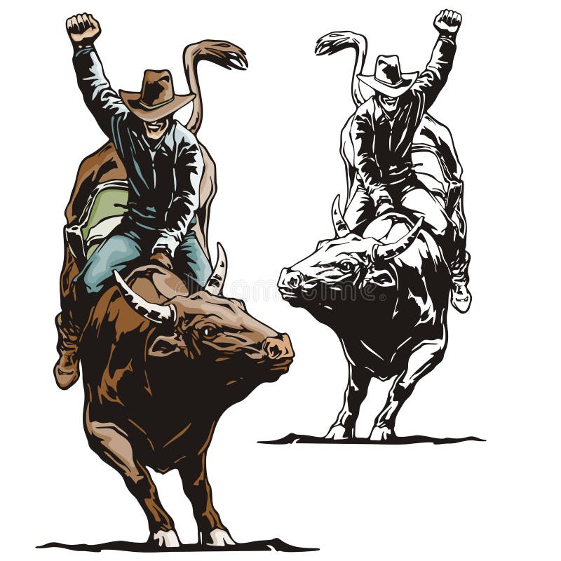 Ilustraciones de vaquero, sobre el caballo toro.