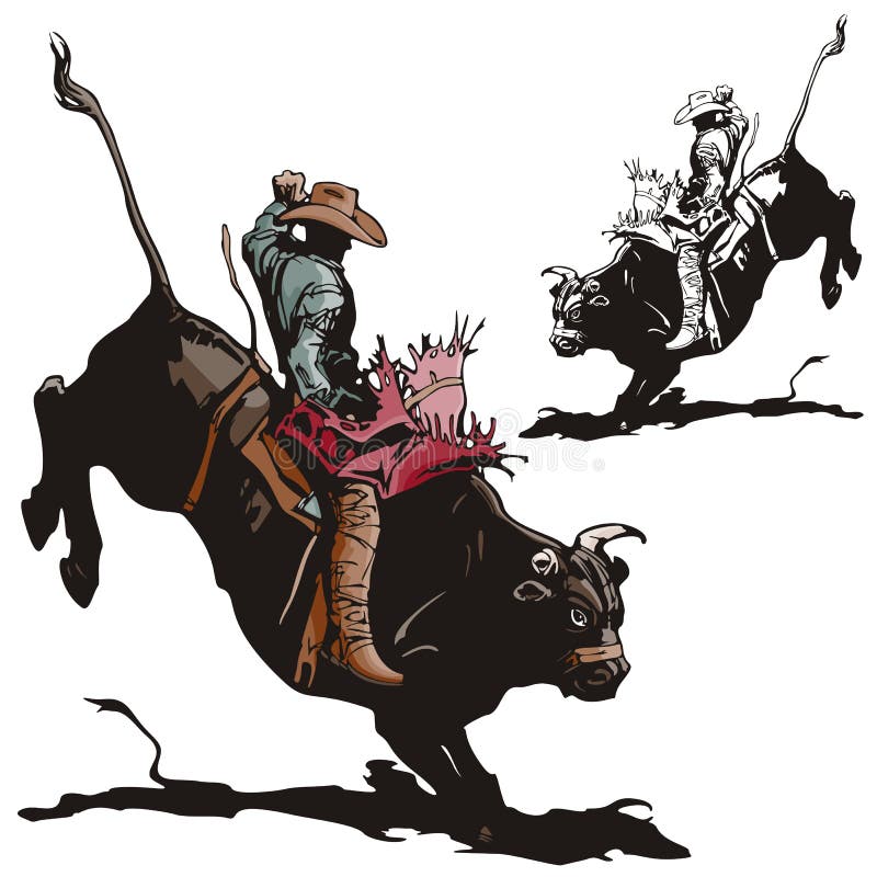 Ilustraciones de vaquero sobre el caballo toro.