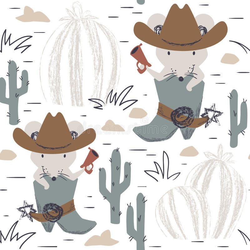 Western mouse baby seamless pattern. Wild west animal with hat, boot, gun. royalty free illustration Western mouse baby seamless pattern. Wild west animal with hat, boot, gun. royalty free illustration