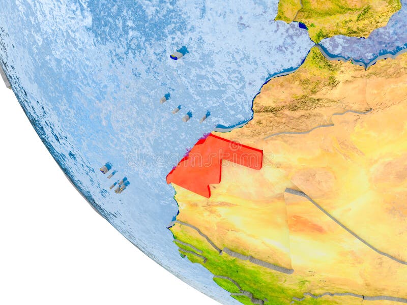 Map of Western Sahara in red on globe with real planet surface, embossed countries with visible country borders and water in the oceans. 3D illustration. Elements of this image furnished by NASA. Map of Western Sahara in red on globe with real planet surface, embossed countries with visible country borders and water in the oceans. 3D illustration. Elements of this image furnished by NASA.