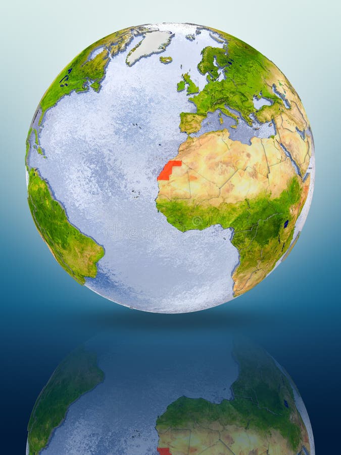 Western Sahara In red color on globe reflecting on shiny surface. 3D illustration. Western Sahara In red color on globe reflecting on shiny surface. 3D illustration.