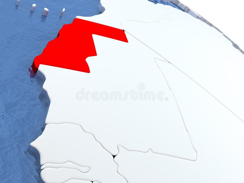 Map of Western Sahara on globe with metallic land and realistic water. 3D illustration. Map of Western Sahara on globe with metallic land and realistic water. 3D illustration