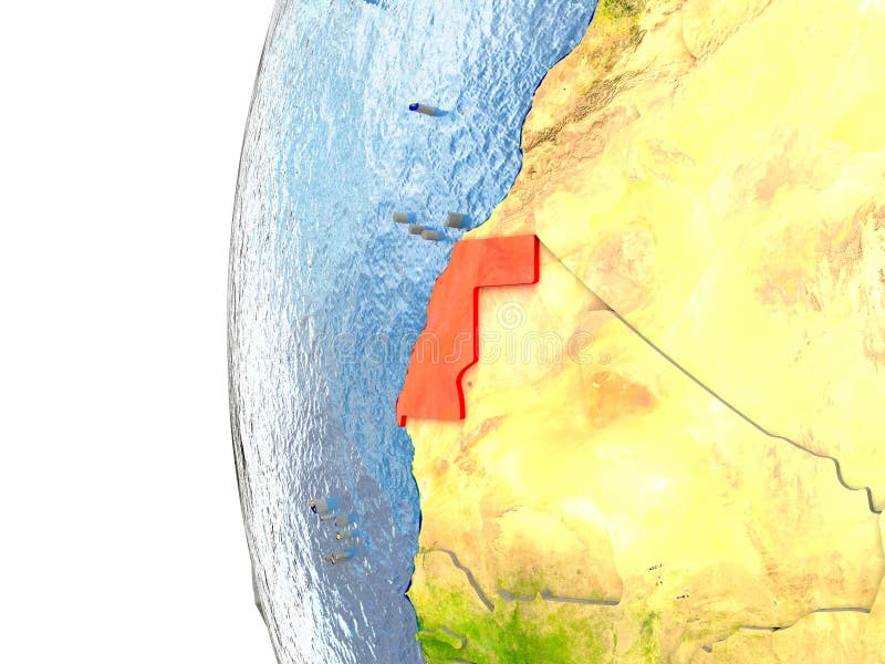 Western Sahara in red on globe with reflective ocean waters. 3D illustration with highly detailed planet surface. Elements of this image furnished by NASA. Western Sahara in red on globe with reflective ocean waters. 3D illustration with highly detailed planet surface. Elements of this image furnished by NASA.