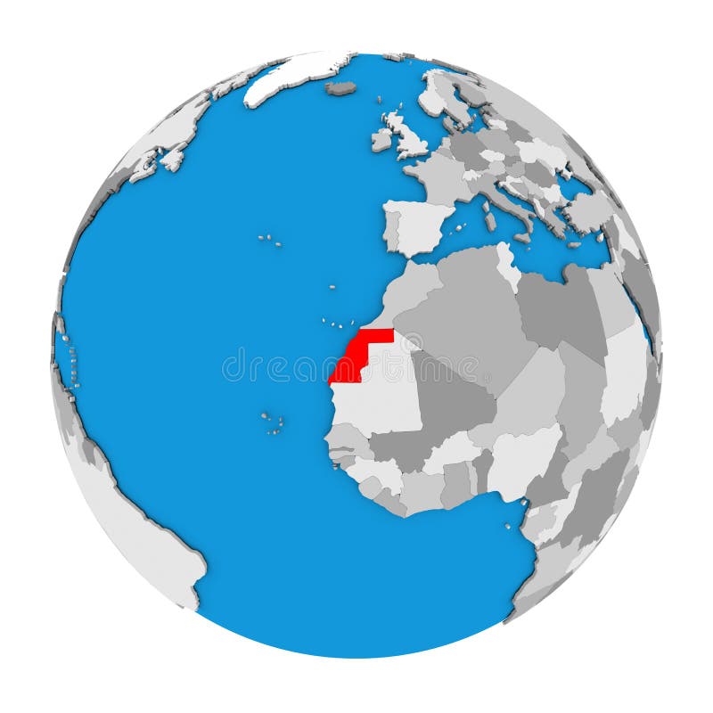 Map of Western Sahara highlighted in red on globe. 3D illustration isolated on white background. Map of Western Sahara highlighted in red on globe. 3D illustration isolated on white background.