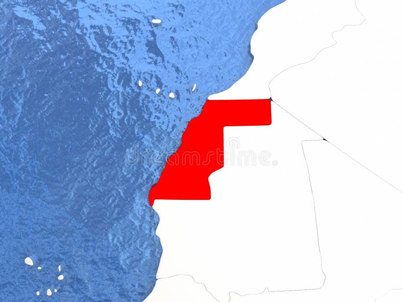 Political map Western Sahara in red. 3D illustration with watery blue oceans and metallic landmasses. Political map Western Sahara in red. 3D illustration with watery blue oceans and metallic landmasses.