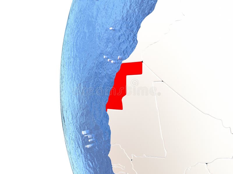 Western Sahara on metallic globe with watery blue oceans. 3D illustration. Western Sahara on metallic globe with watery blue oceans. 3D illustration