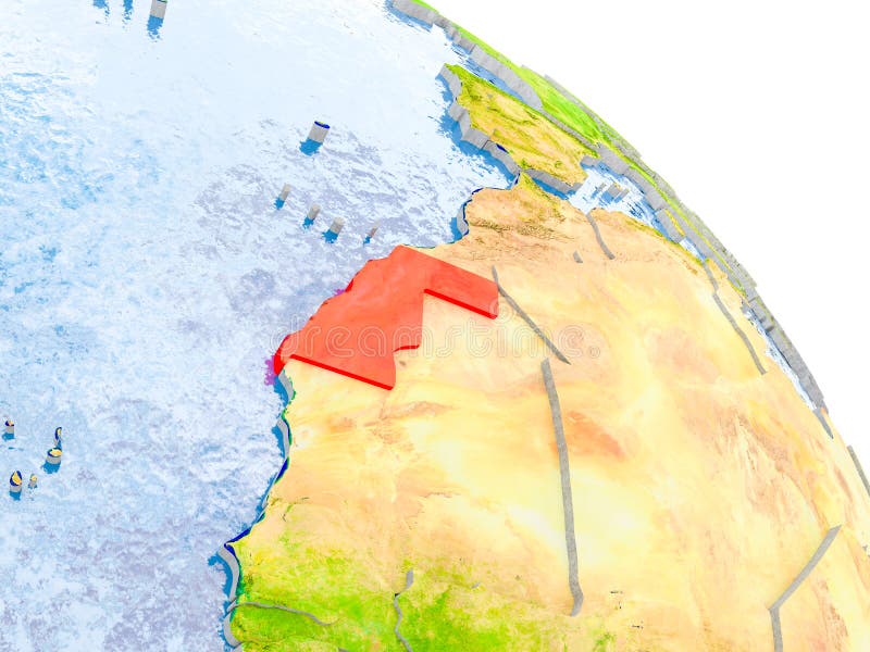 Illustration of Western Sahara highlighted in red on glob with realistic surface with visible country borders, and water in the oceans. 3D illustration. Elements of this image furnished by NASA. Illustration of Western Sahara highlighted in red on glob with realistic surface with visible country borders, and water in the oceans. 3D illustration. Elements of this image furnished by NASA.