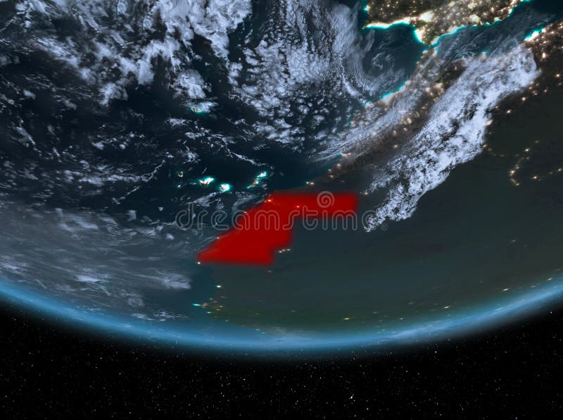 Western Sahara at night highlighted in red on planet Earth with clouds. 3D illustration. Western Sahara at night highlighted in red on planet Earth with clouds. 3D illustration.