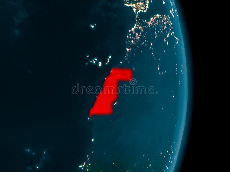 Illustration of Western Sahara as seen from Earth’s orbit at night. 3D illustration. Elements of this image furnished by NASA. Illustration of Western Sahara as seen from Earth’s orbit at night. 3D illustration. Elements of this image furnished by NASA.