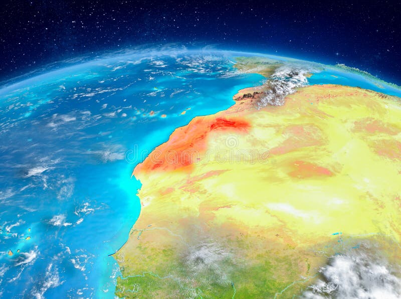Orbit view of Western Sahara highlighted in red on planet Earth with highly detailed surface textures. 3D illustration. Elements of this image furnished by NASA. Orbit view of Western Sahara highlighted in red on planet Earth with highly detailed surface textures. 3D illustration. Elements of this image furnished by NASA.