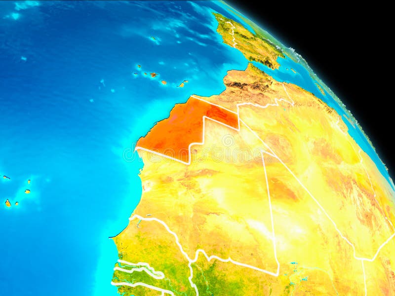 Space orbit view of Western Sahara highlighted in red on planet Earth with visible borders. 3D illustration. Elements of this image furnished by NASA. Space orbit view of Western Sahara highlighted in red on planet Earth with visible borders. 3D illustration. Elements of this image furnished by NASA.