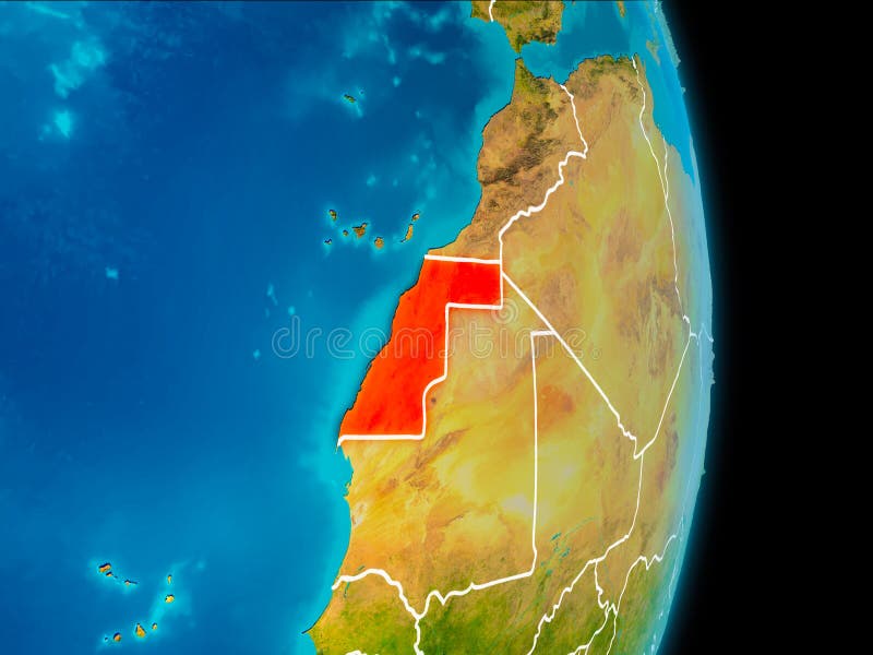 Western Sahara in red on planet Earth with visible borderlines. 3D illustration. Elements of this image furnished by NASA. Western Sahara in red on planet Earth with visible borderlines. 3D illustration. Elements of this image furnished by NASA.