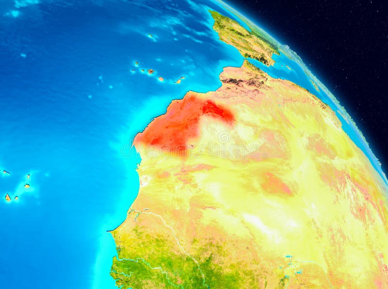 Space view of Western Sahara highlighted in red on planet Earth. 3D illustration. Elements of this image furnished by NASA. Space view of Western Sahara highlighted in red on planet Earth. 3D illustration. Elements of this image furnished by NASA.