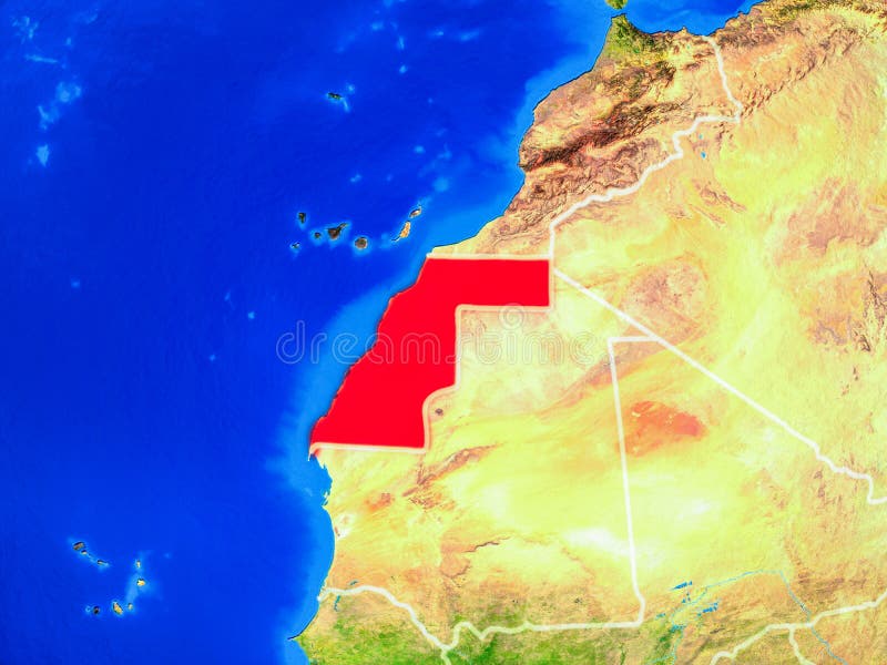 Western Sahara from space on model of planet Earth with country borders and very detailed planet surface. 3D illustration. Elements of this image furnished by NASA. Western Sahara from space on model of planet Earth with country borders and very detailed planet surface. 3D illustration. Elements of this image furnished by NASA