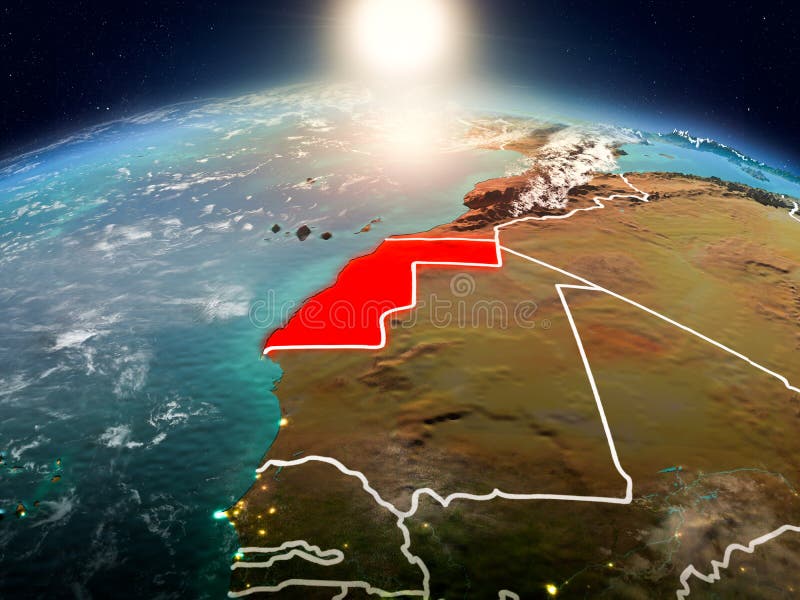 Sunrise above Western Sahara highlighted in red on model of planet Earth in space with visible country borders. 3D illustration. Elements of this image furnished by NASA. Sunrise above Western Sahara highlighted in red on model of planet Earth in space with visible country borders. 3D illustration. Elements of this image furnished by NASA.