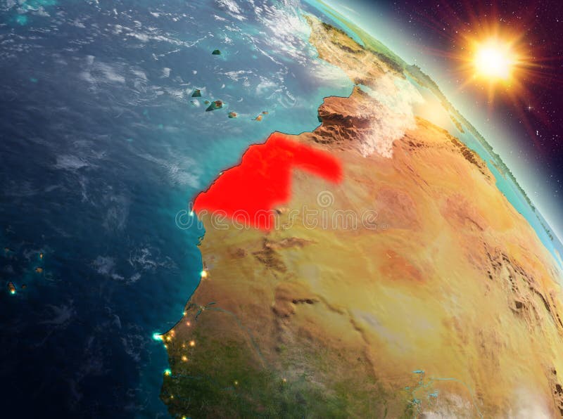 Sunrise above Western Sahara highlighted in red on model of planet Earth in space. 3D illustration. Elements of this image furnished by NASA. Sunrise above Western Sahara highlighted in red on model of planet Earth in space. 3D illustration. Elements of this image furnished by NASA.