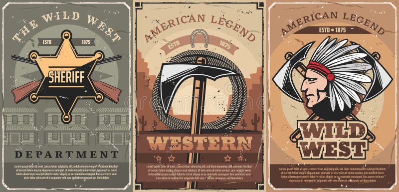 Wild west crossed guns, tomahawk and rope, native indian vector. Retro american weapon, hatchet and lasso. Sheriff star, police department and cowboy saloon, western legends and history. Wild west crossed guns, tomahawk and rope, native indian vector. Retro american weapon, hatchet and lasso. Sheriff star, police department and cowboy saloon, western legends and history