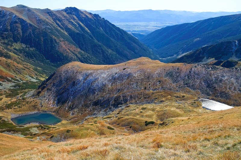 Western Tatras, Rohacska valley, Slovakia: View from the peak Volovec on the Jamnicke lakes