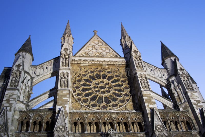 Close up photo of facade of London Westminster abbey. Cool for illustrations about ancient architecture, history or for travelling guides.