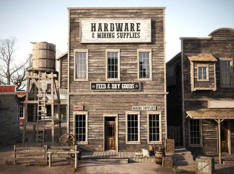 Western town rustic Hardware and mining supply store. 3d rendering . Part of a Western town series. Western town rustic Hardware and mining supply store. 3d rendering . Part of a Western town series.