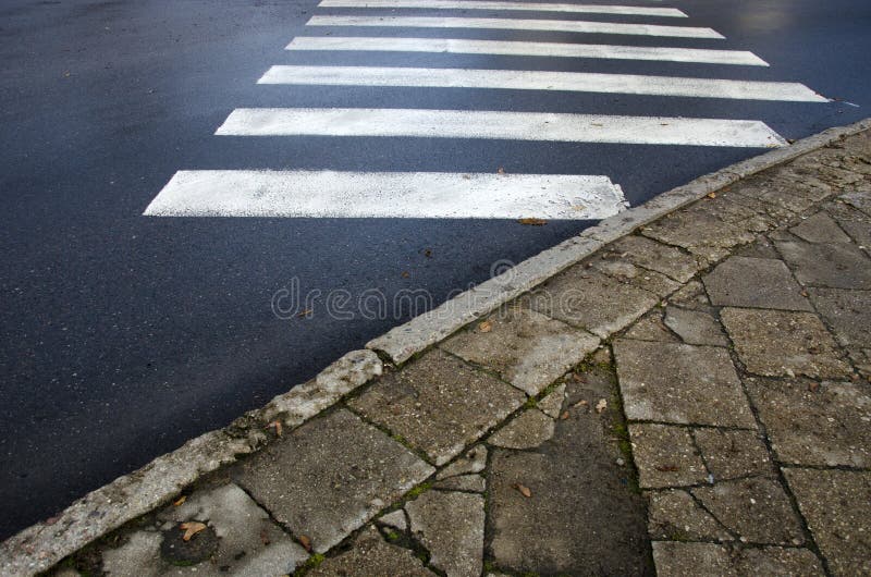 Wet asphalt and old concrete pavement bricks