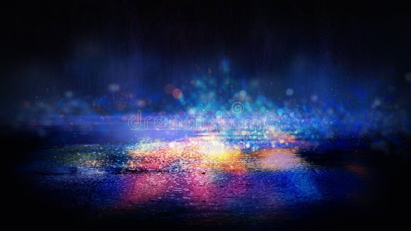 Wet asphalt after rain, reflection of neon lights in puddles. The lights of the night, neon city. Abstract dark background.