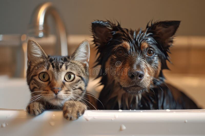 Wet dog and cat peeking over bathtub stock photos