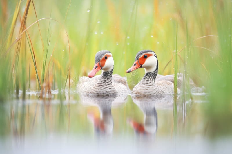 Wet feathers detail, geese in morning dew grass stock images