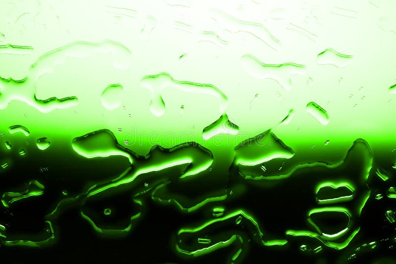 Wet glass surface in drops of water, green gradient, illustration of cood or cold bottle of beer or drink, spilled water texture