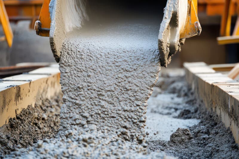Concrete pouring from mixer chute at construction site royalty free stock photos