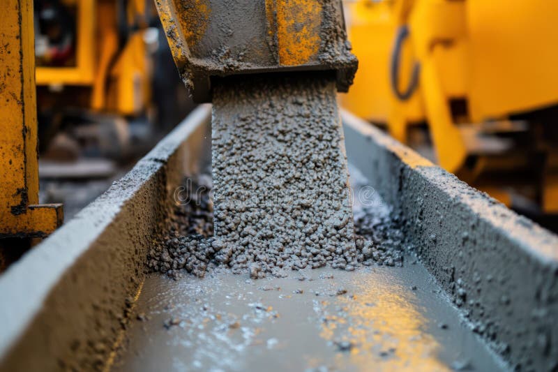 Concrete pouring from mixer chute at construction site stock photography