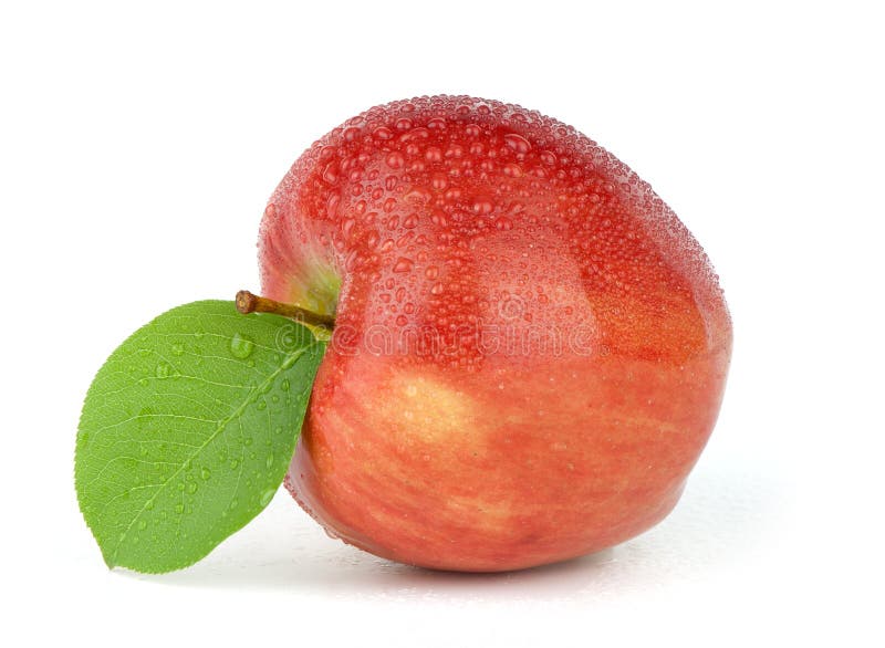 Wet red apple with leaf